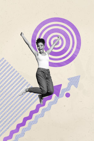 3d image vertical photo collage of happy businesswoman businessman receive arrow development success statistics progress targetの写真素材