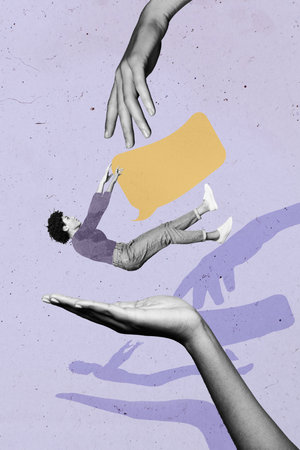 3d sketch image vertical collage of hand hold happy girl guy chatterbox speech notification correspondence mail talk dialogueの写真素材