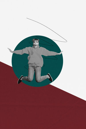Pop image collage of person levitate on white color background with geometric shapeの写真素材
