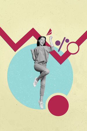 Art image vertical photo collage of happy businessman businesswoman stand graph development...