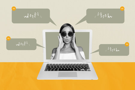 Pop trend collage of person touch sunglass in gadget monitor speak comment speech over pastel...