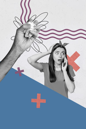 Pop image sketch 3d collage poster of hand speak phone hand hold crumpled paper bullying pressure...