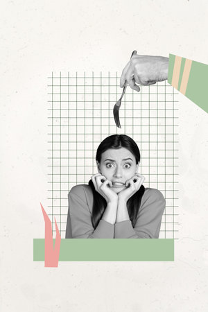 Image zine trend photo collage of puzzled scared girl hand hold fork brainwash fake news propaganda psychotherapy work treatmentの写真素材