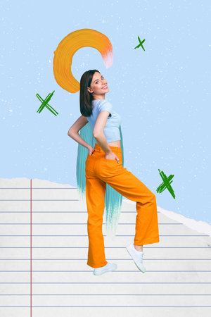 Pop art collage of person posing on paper sheets having geometry figures over blue backgroundの写真素材