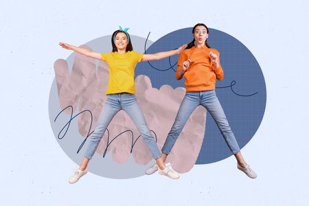 Pop zine full art photo collage of two happy girls dance weekend celebration vibe event chill party discotheque clubbing holidayの写真素材