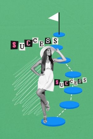 Zine sketch image vertical collage of happy businesswoman stand career ladder finish flag aim achievement opportunity developmentの写真素材