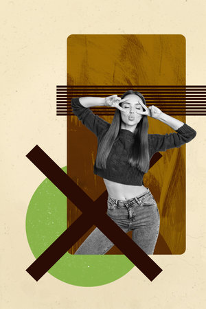 Vertical sketch 3d collage poster of happy girl dance relax party concert performance celebration music entertainment eventの写真素材