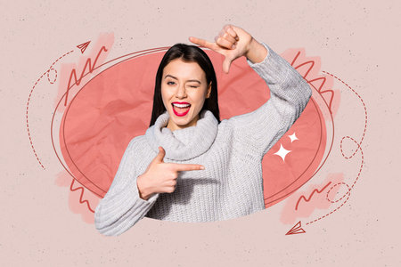 Pop trend collage of person finger gesture photographing stand in oval circle shape red backgroundの写真素材