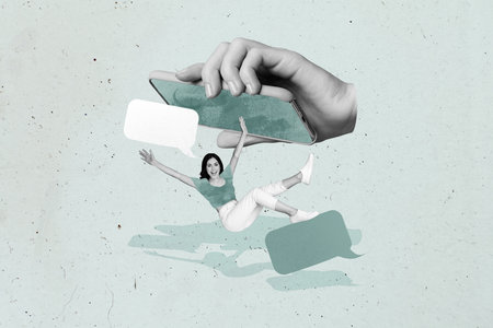 Trendy art creative full zine photo collage of happy girl fall phone screen hand hold notification bubble correspondence chatの写真素材