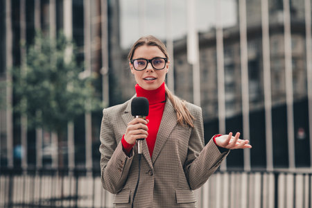 Correspondent holding a microphone outdoors, speaking professionally in an urban city environmentの写真素材