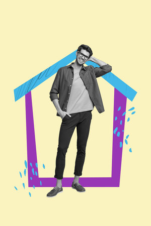 Trend creative collage of person stand in house shape object over yellow color backgroundの写真素材