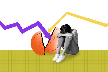 Creative full art image collage of puzzled businesswoman sit crack arrow coin dollar inflation crisis fall economy collapseの写真素材