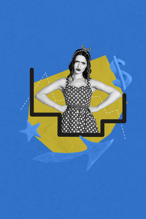 Zine creative vertical photo collage of minded businesswoman receive dollar currency income arrow...