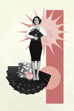 3d sketch poster trend collage image of happy girl guy receive stack chip poker game player casino addiction winner tournament cardsの写真素材