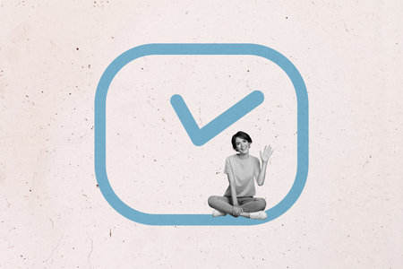 Contemporary artwork collage of happy businesswoman businessman sit checkmark icon project...