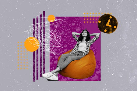 Full 3d artwork trend collage of happy businesswoman sit beanbag look watch timepiece regime deadline time management limitの写真素材