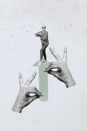 Trendy art creative vertical photo collage of happy businesswoman businessman receive arrow promotion career aim achievement chanceの写真素材