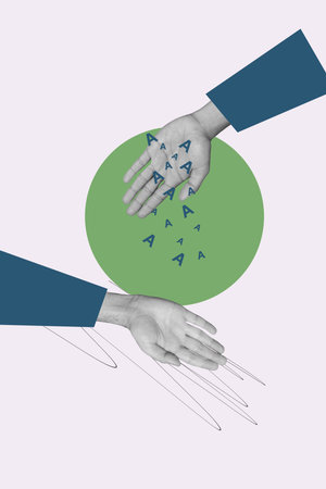 Sketch vertical poster image collage of hands pour letters non-verbal communication speech bookworm hobby writer student learnの写真素材