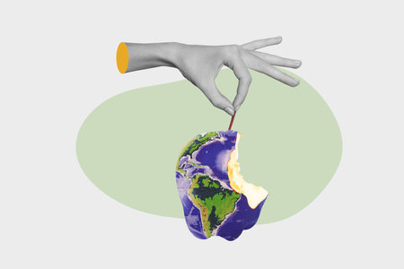 Sketch 3d trendy creative collage of human hand hold world map apple bitten fruit nutrition ecological care globe conservationの写真素材