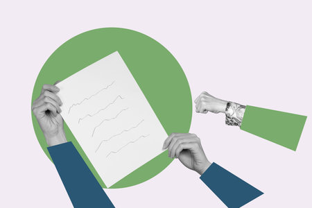 Pop zine full art photo collage of hands hold paper sheet contract signature deal notepad to-do list planning education memoの写真素材