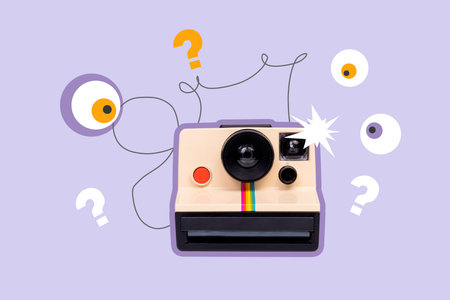 Image full art 3d pop trend collage of instant retro polaroid camera shooting flash eyeball freemason stare shooting cadreの写真素材