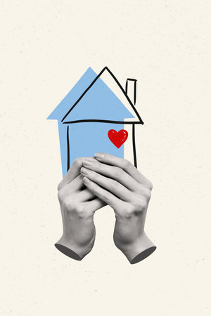 Banner image zine art pop trend collage of human hands hold home icon heart relocation refugee love settlement immigrationの写真素材