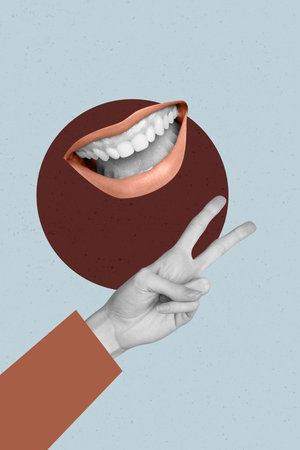 Vertical sketch 3d collage poster of faceless mouth show teeth cavity care whitening treatment hand gossip propaganda talk rumorsの写真素材