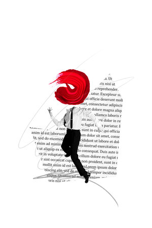 3D photo collage template trend artwork composite of paint brush head man body run words text fragment book data headline media magazineの写真素材