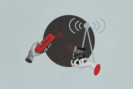 Collage Showing Smartphone laptop Wifi Icons Symbolizing Internet Connection Social Media Freelance...