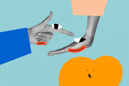 Composite image montage trend artwork collage of hand gesture finger point eyes watch smile character mood sketch sticker emoji personageの写真素材