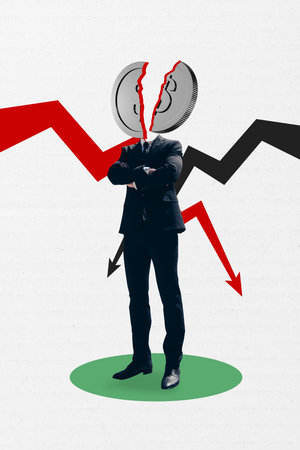 Vertical zine pop trend collage of anonym businessman instead head crack coin inflation arrow regress problem bankruptcyの写真素材