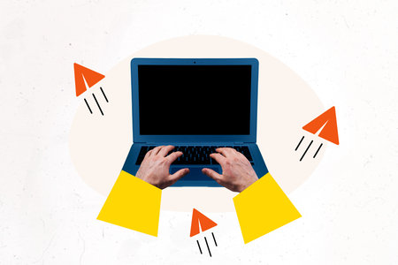 3D photo collage template trend artwork sketch of remote job freelancer indoors office workspace two hand type laptop programmer userの写真素材