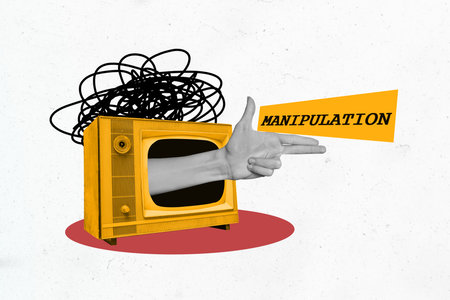 Image trendy art banner collage of human hand peek film screen television manipulation fake news propaganda brainwash spamの写真素材