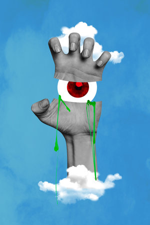 Vertical sketch magazine collage image of hands show human eyeball stare third esoteric eyesight jewish control espionageの写真素材