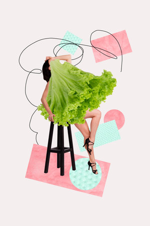 Trendy banner poster image photo collage of anonym girl instead head lettuce green leaf detox nutrition weight loss dietの写真素材