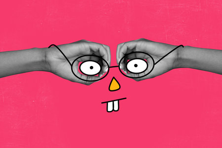 3d full poster artwork collage of human hands show eyeball glasses teeth non-verbal communication smiley cartoon expressionの写真素材