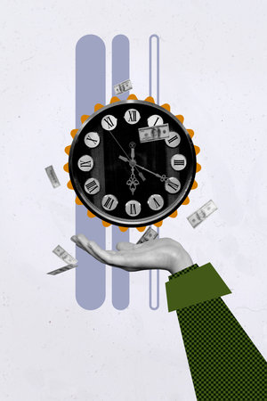 Composite 3D photo collage design trend sketch of anonymous hand hold money dollars fly control...