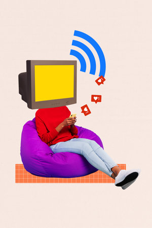 Trend artwork sketch design collage of woman body sit beanbag computer monitor head hold smartphone...