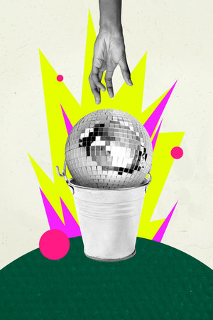 Trendy banner poster image photo collage of human hand show disco-ball metal bucket weekend chill...