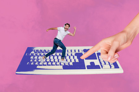 Collage of funny business person relax coffee retro computer keyboard keys text programming code in work conceptの写真素材