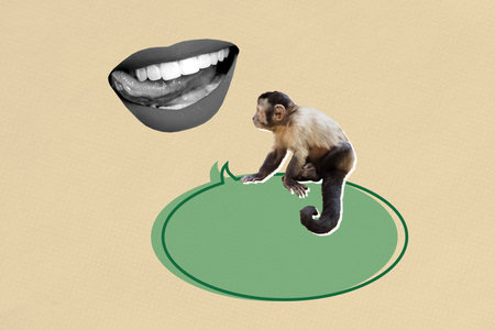 Template poster trend artwork 3D collage of message thought comment lips smile chatting talking dialog abstract small monkey animal sitの写真素材