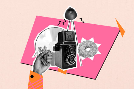 Banner full image art collage of human hands hold retro camera shooting earphones cd disk sweet donut nutrition advertisementの写真素材