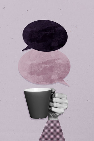 Collage of colorful speech bubbles symbolizing digital chatting modern communication internet blogging freelance workの写真素材