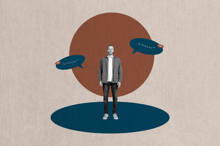Poster surreal collage of person stand speaking bubble on pastel color background