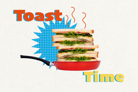 Creative full artwork poster collage of fresh sandwich fast food nutrition toast time frying pan...
