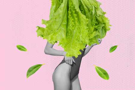 Collage of a woman with lettuce for a head symbolizing dieting, body image, and healthy lifestyle in surreal visual conceptの写真素材