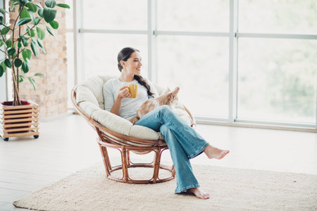 Beautiful woman relaxing at home in a cozy chair with a mug and dog in a well-lit living room filled with natural lightの写真素材