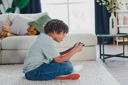Charming young boy playing a video game in a cozy living room with a casual style and happy expressionsの写真素材