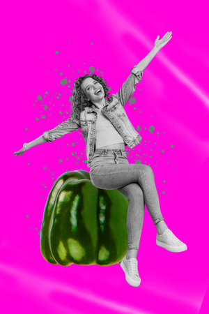 Banner poster collage of person stand have fun big bell pepper herb on pink color backgroundの写真素材