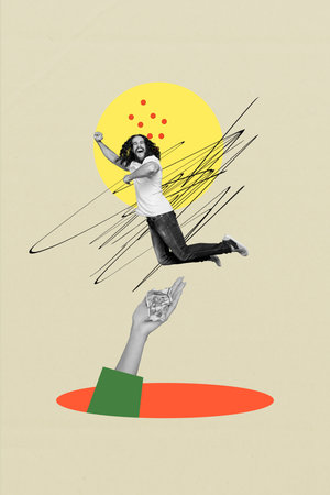 Art image vertical photo collage of happy businesswoman businessman receive money income success profit laptop device goalの写真素材